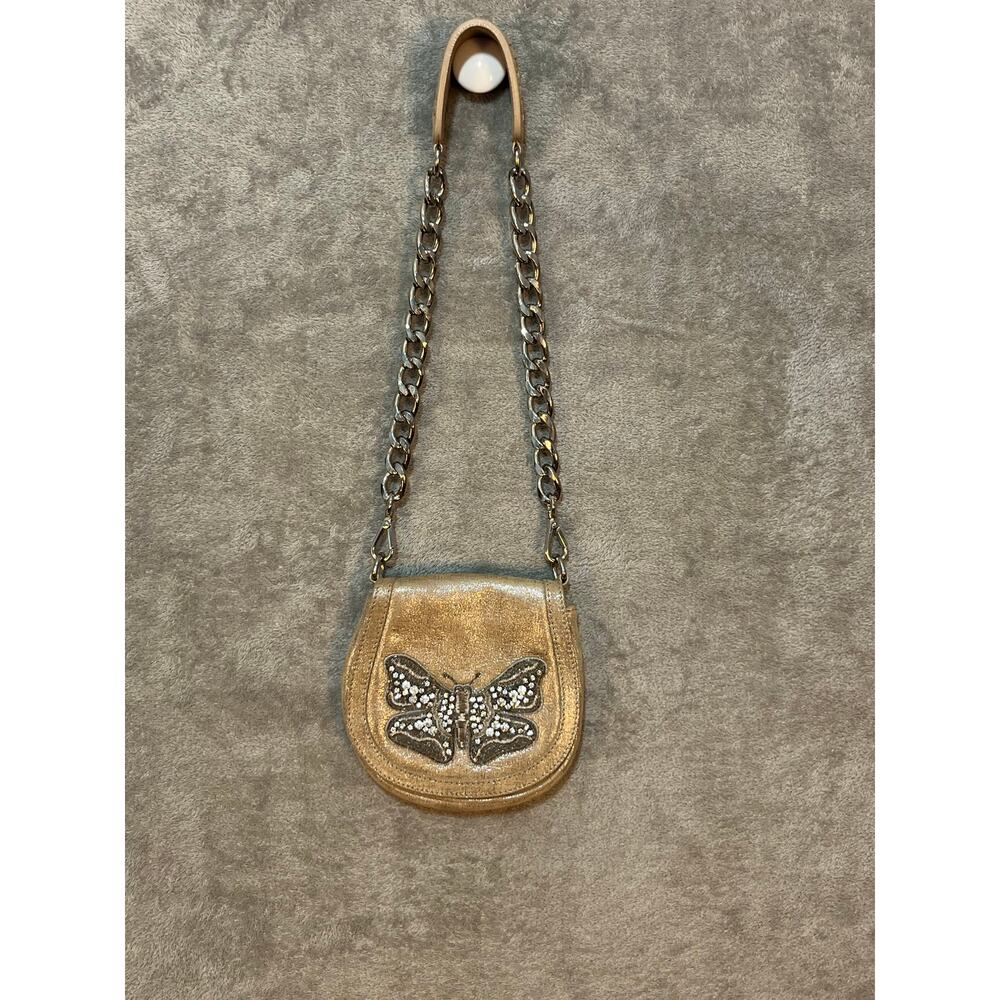 Rare Y2K Donald J Pliner Butterfly Bling Gold Glitter Leather Purse Silver Chain